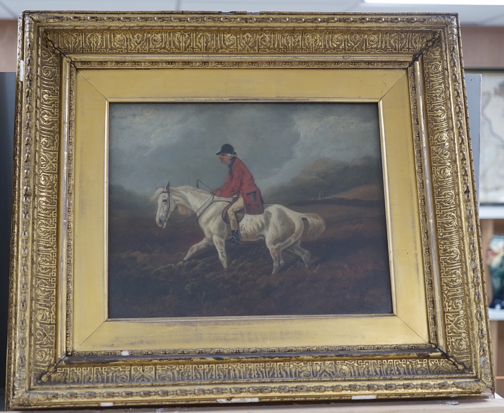 Byron Webb (1831-1867) two oils on board, Huntsmen on horseback, one signed, the other inscribed verso, largest 28 x 22cm, ornate gilt frames
